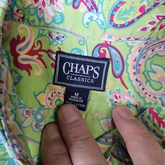 Chaps Medium Green Pink Paisley Cotton Button Down Shirt Boho Retro Y2K Preppy - Picture 9 of 11